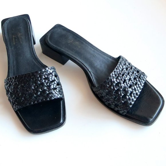 Seychelles Shoes - Seychelles Vessel Black Leather Woven Square Open Toe Block Heel Mule Sandals 9